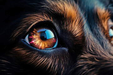 Close up of dog eye with party fireworks reflection.