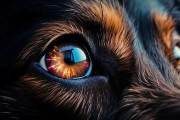 Foto op Aluminium Close up of dog eye with party fireworks reflection. © Firn