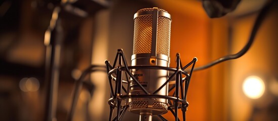 recording studio microphone and pop shield on mic. Performance and show in the music business equipment. - obrazy, fototapety, plakaty