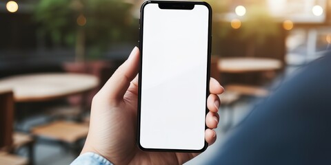 a hand holding a mobile phone displays a blank screen on a table, with a minimalist background style, ai generative. - obrazy, fototapety, plakaty