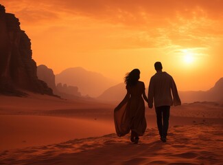 Fototapeta na wymiar A Couple's Sunset Walk on the Beach. Fictional characters created by Generated AI.