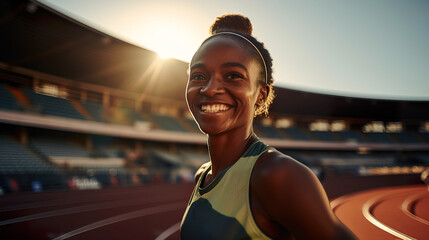 Happy African American Female Athlete on Track - obrazy, fototapety, plakaty
