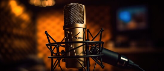 recording studio microphone and pop shield on mic. Performance and show in the music business...