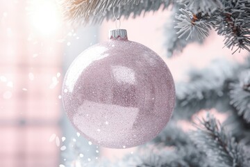 Close up of pastel pink Christmas tree toy ball decoration on a fluffy snow-covered fir branch