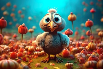 Obraz na płótnie Canvas Thanksgiving background with cute little happy turkey autumn illustration 