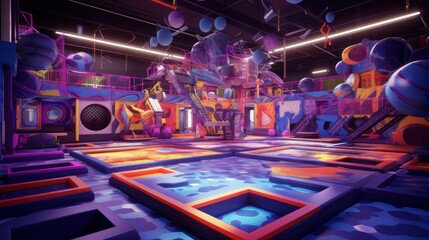 Trampoline park with colorful, RGB colors for play and sports.