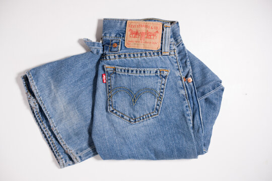 kent, uk, 01.01.2023 Levis strauss and co classic original denim quality clothing. Famous iconic american denim  vintage Levis Women Low Slouch Denim Boot Cut Flared Blue Jeans Button fly