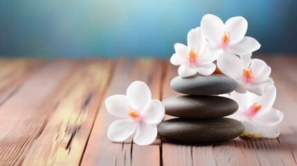 Obraz na płótnie Canvas Zen-like nature spa with vibrant flower blossom in fresh wood surroundings. jasmine flower, balance stone, spa, ellness,