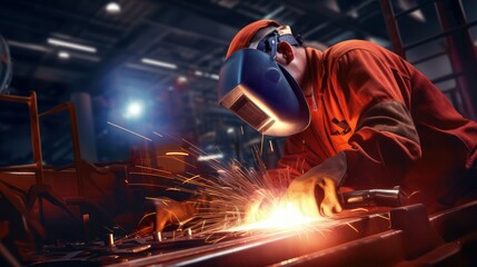 Welder model fabrication industry uses a welding mask and rubber gloves, with a welding flame that burns brightly.