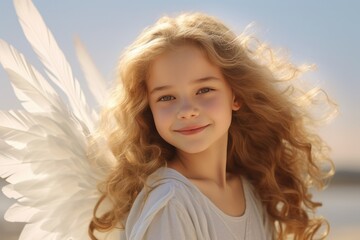 An innocent, sweet child dressed as a cherubic angel, a symbol of love and purity.