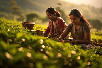 A female tea picker at a scenic plantation in Asia, showcasing the traditional agricultural culture and scenic landscapes. - obrazy, fototapety, plakaty