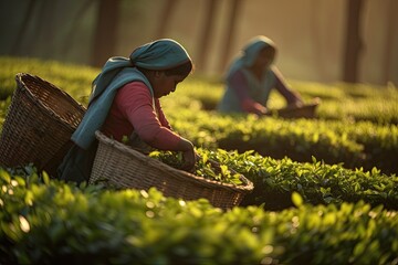 A group of women harvesting tea leaves on an agricultural plantation, showcasing the traditional farming culture. - obrazy, fototapety, plakaty