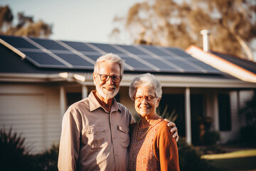 Smiling Couple in 60s - Driveway of House with Solar Panels. Generative Ai. - obrazy, fototapety, plakaty