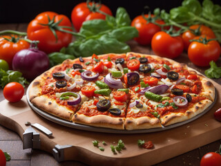 Vegetarian pizza tomato sauce and plenty of fresh vegetables