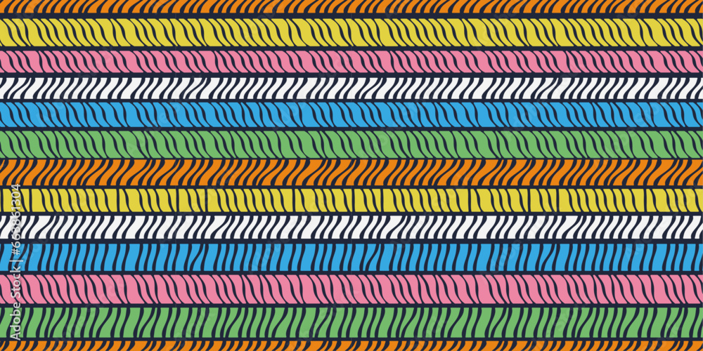 Leinwandbilder Colored lines made from fibers, lines of different colors from repeating shapes in a row. Vector print for surface application, can be seamless.