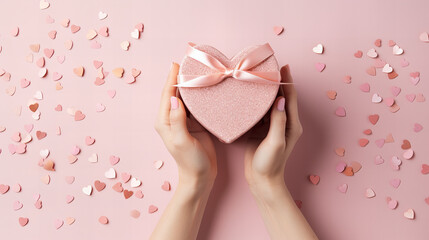 Heart-shaped gift box for special occasion, Woman hands holding gift or present box decorated confetti on pink pastel table top view. Flat lay composition for birthday or wedding, copy space
