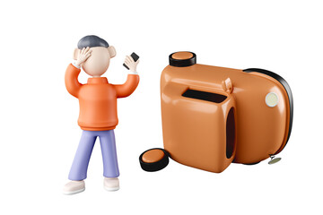 3D rendering of a cute male driver and a car that is in an accident.