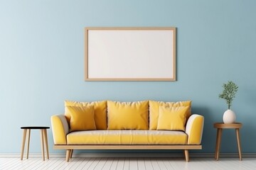 Blue sofa with yellow pillows and blanket  with empty blank mock up frame, scandinavian home interior