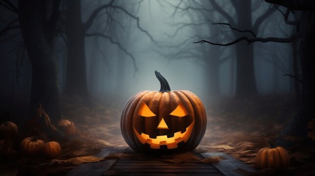 Jack-o-lantern symbol Halloween on the background of Scary Forest and Fog