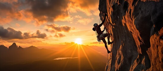 Adventurous Extreme Sport of Rock Climbing Man Rappelling from a Cliff. Mountain Landscape Background with sunset light - obrazy, fototapety, plakaty