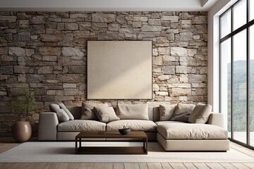 Corner sofa with large empty blank mock up frame against window in room with stone cladding walls, Farmhouse style