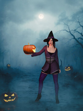 3D rendering of witch holding pumpkin.
