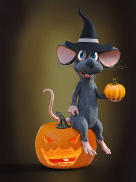 3D rendering of a cartoon mouse sitting on a carved pumpkin.