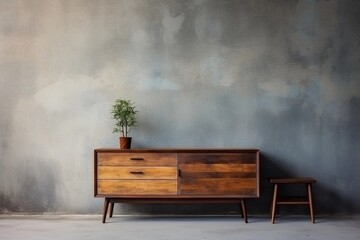 Wooden cabinet, dresser against concrete wall with empty blank mock up frame, Loft home interior