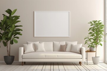 White sofa and potted houseplants against arched window near beige wall with empty blank mock up frame, Minimalist home interior