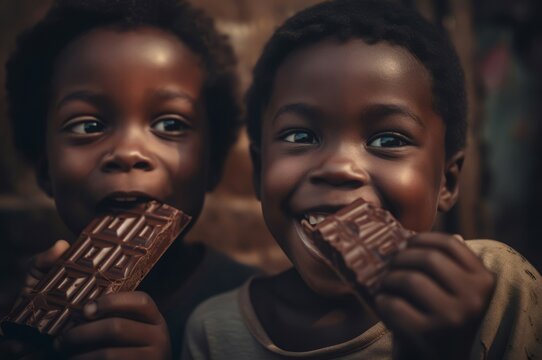 African children eating chocolate. Hungry happy kids with delicious dessert. Generate ai