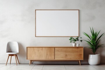 Obraz na płótnie Canvas Wooden cabinet, dresser against concrete wall with empty blank mock up frame, Loft home interior