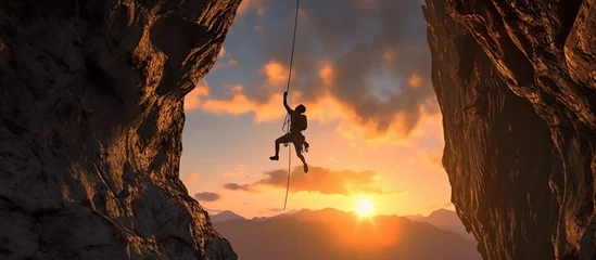 Fototapeten Adventurous Extreme Sport of Rock Climbing Man Rappelling from a Cliff. Mountain Landscape Background with sunset light © Beny