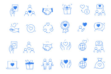 Charity hand, partnership doodle line icon. Charity community, trust community, people solidarity concept icon set. Hand drawn doodle sketch style line. Vector illustration