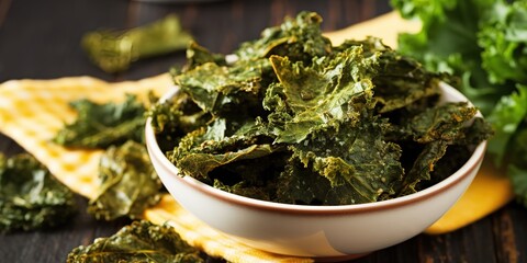 kale chips in wooden bowl on table, dark yellow and emerald style, back button focus, different shapes, cut/torn,generative ai.
