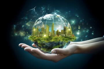 Green energy harnesses natural resources like wind and sunlight, powering turbines and solar panels for a sustainable, eco-friendly electricity solution, computer Generative AI stock illustration