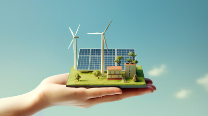 Green energy harnesses natural resources like wind and sunlight, powering turbines and solar panels for a sustainable, eco-friendly electricity solution, computer Generative AI stock illustration - obrazy, fototapety, plakaty
