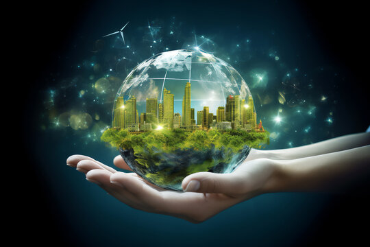 Green energy harnesses natural resources like wind and sunlight, powering turbines and solar panels for a sustainable, eco-friendly electricity solution, computer Generative AI stock illustration