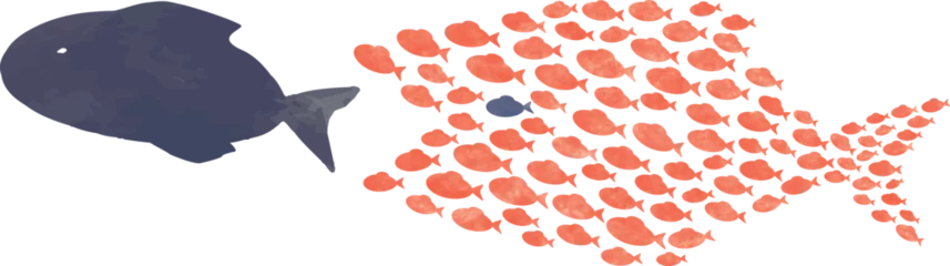 Foto op Canvas 小さな魚がたくさん集まって大きな魚を追いかけるイラスト © うた♪くま