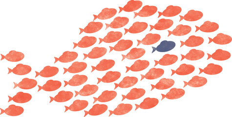 小さな魚がたくさん集まって大きな魚に見えるイラスト、群れ、大群