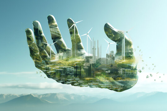 Green energy harnesses natural resources like wind and sunlight, powering turbines and solar panels for a sustainable, eco-friendly electricity solution, computer Generative AI stock illustration