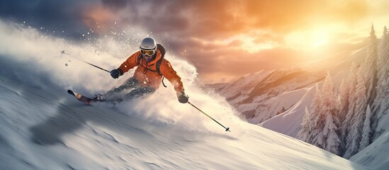 skiing on snow mountains, Skiing. Jumping skier. Extreme winter sports. - obrazy, fototapety, plakaty