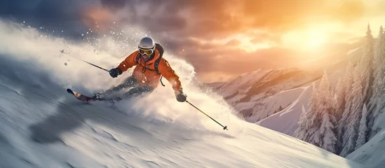 Deurstickers skiing on snow mountains, Skiing. Jumping skier. Extreme winter sports. © Beny