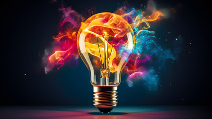 Illuminated light bulb with different colors splashed on it isolated on black background