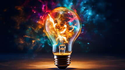 Illuminated light bulb with different colors splashed on it isolated on black background