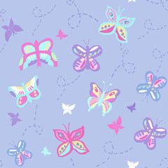 Fototapeta na wymiar Seamless repeat pattern with flying butterflies in pink, purple, yellow, aqua. Pastel summer pattern for girls design, apparel, versatile stationery.