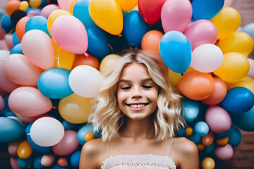 Fototapeta na wymiar a photo of A cute girl with is covered in balloons, creating a whimsical and dreamy atmosphere, AI generated