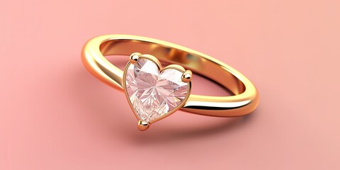 a gold ring, with a love-shaped gem model, on a pink background, generative ai.