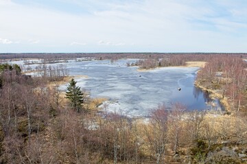 Landscape view of seashore on the island of Raippaluoto from observation tower in spring, Vaasa, Finland.