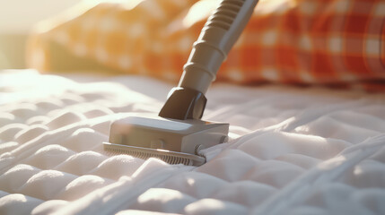 Closeup of new vacuum cleaner, cleaning the bed mattress. Modern technology for a clean home. Prevention of bed bugs. - obrazy, fototapety, plakaty