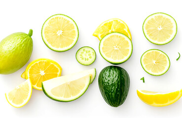 Flat lay with different fresh lemon,cucumber on isolated on white background